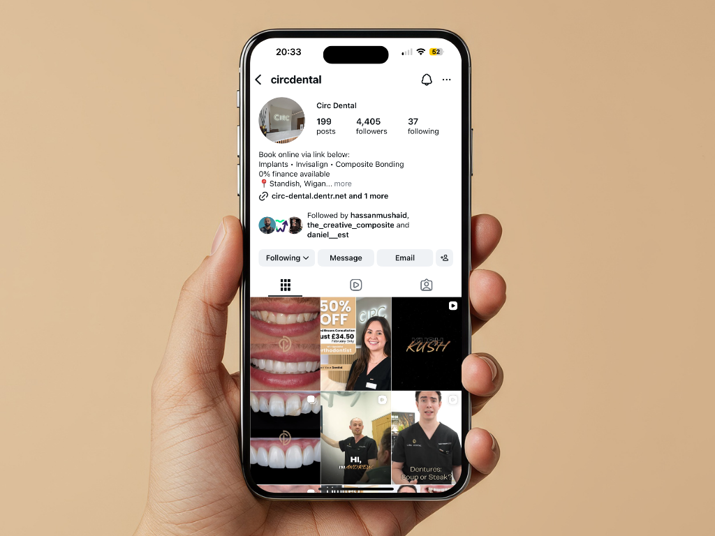 Person holding mobile with Circ Dental Instagram